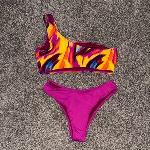 Icon Swim Vibrant One-Shoulder Bikini Set in Magenta & Multi Size S Women’s